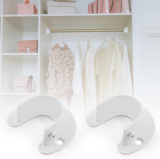Closet Rod End Supports, 1 Inch, White, 4 Packs | Stainless Steel, Heavy Duty, U-Shaped, With Screws