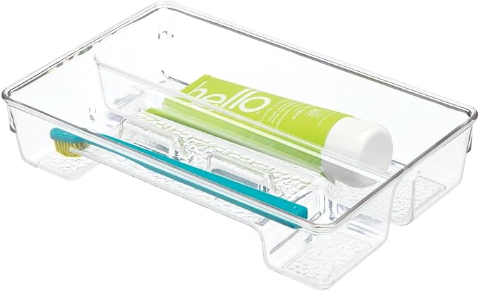 mDesign Plastic Toothbrush Holder, Storage Organizer Bin for Bathroom Vanity, Drawer, Cabinet, Closet - Holds Electric Spin Toothbrush, Toothpaste, Dental Floss Picks, Teeth Whitening Strips - Clear