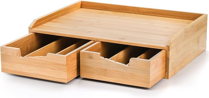 SOUJOY Bamboo 2 Drawer Coffee Pod Organizer with Side Box for K Cup Tea Bag | Space-Saving, Eco-Friendly, Natural Bamboo Organizer for Kitchen Counter, Coffee Bar, Office