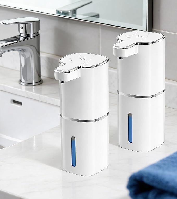 RYTOXILO Automatic Soap Dispenser Touchless, 2 Pack White Auto Soap Dispensers for Bathroom and Kitchen, 15 Fl Oz Plastic Electric Hands Free Dish Liquid Dispensers Wall Mount with 1200 mAh Battery | Touchless, Hands-Free
