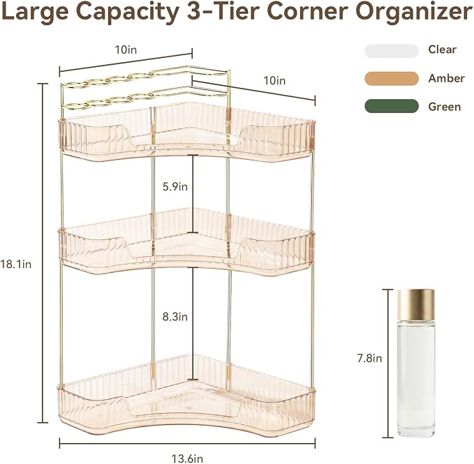3-Tier Corner Bathroom Counter Organizer with Makeup Brush Holder, Gold | Large Makeup Organizers for Vanity, Corner Bathroom Countertop Organizer for Cosmetic Perfume Skincare Storage