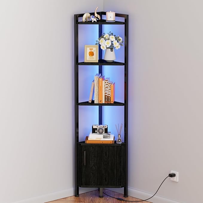 Furnulem Corner Shelf,5-Tier Corner Cabinet with Storage and LED Light, 62.8” Standing Display Bookshelf for Bedroom, Living Room, Kitchen, Wood Display Shelf (Black Oak) | 62.8”Tall Corner Bookshelf with Storage Rack for Bedroom,Living Room,Kitchen,Me...