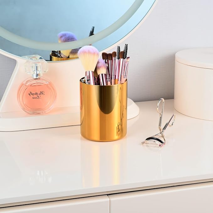 Golden 304 Stainless Steel Pen Holder & Pencil Cup, Metal Desk Caddy & Desktop Stationery Organizer, Mirror Finish & Vacuum Plating(2-Piece Set)