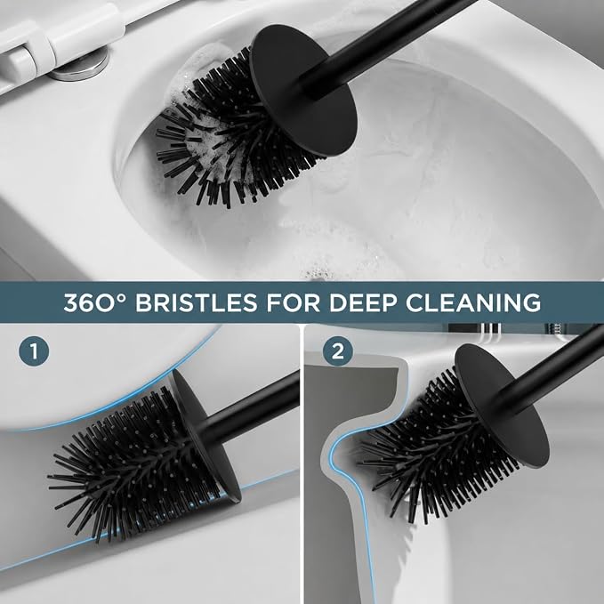 FORIOUS Toilet Cleaner Brush, 2 Toilet Bowl Brush Head Square Short Black | Heavy Duty 304 Stainless Steel Base, Silicone and Plastic Brush Heads, 360° Deep Cleaning, Drip-Proof, Splash-Proof Design