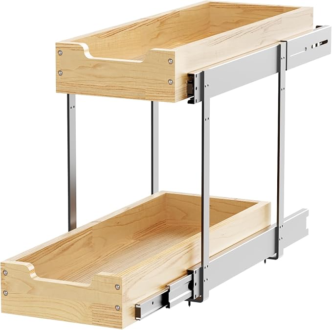 Sikarou Wood Pull Out Cabinet Organizer 2 Tie 9" W x 21" D, Heavy-Duty Sliding Drawers for Inside Cabinets Storage and Organization for Kitchen, Pantry, Bathroom