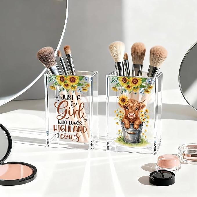 Just A Girl Who Loves Highland Cows Acrylic Cosmetic Pen Holder Cup Set 2, Cute Animal Pencil Holder Desk Organizer, Funny Desk Accessories, Highland Cow Lover Gifts for Women Coworkers Besties