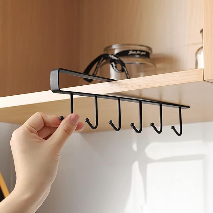 Under Cabinet Hook Rack 1 Pack, No Drill Under Cupboard Hanging Cup Holder, 6 Hooks Metal Utensil Hanger, Closet Cabinet Storage Organizer for Mugs, Kitchen Utensils, Scarves, Bags (Black)