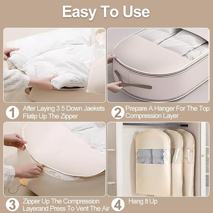 3PCS Space Saving Hanging Garment Bag with Self Compression Zipper, Cotton Garment Bag with A Clothes Roller Sticky and 12PCS Clips, Compression Down Jacket Storage for Suits, Padded Clothes, Shirts
