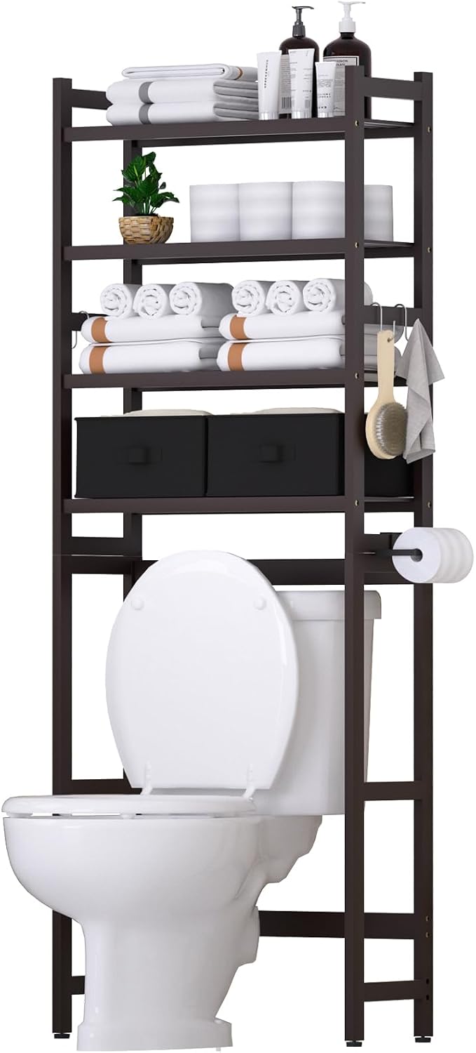 Cozivolife Over The Toilet Storage: 4-Tier Bamboo Organizer Rack with 2 Baskets & Paper Holder & 4 Hooks & Waterproof Feet Pad, Adjustable Freestanding Shelf for Bathroom (Brown)