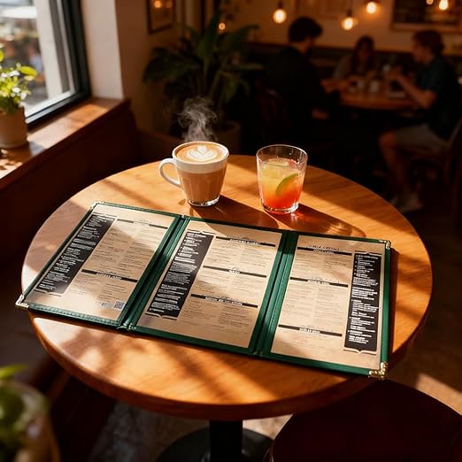Goodsmart Restaurant Menu Covers – 25 Pack Green 6-View Trifold 8.5" x 11", Side-Loading Vinyl & Plastic Menu Holders, Clear Menu Sleeves, Leather-Style Café Covers with Gold Corners