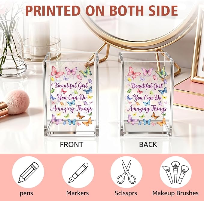 Funny Beautiful Girl You Can Do Acrylic Pencil Holder Cup | Inspirational Amazing Things Makeup Brush, Butterfly Encourage Gifts for Women Sister Daughter, Bathroom Vanity Organizer