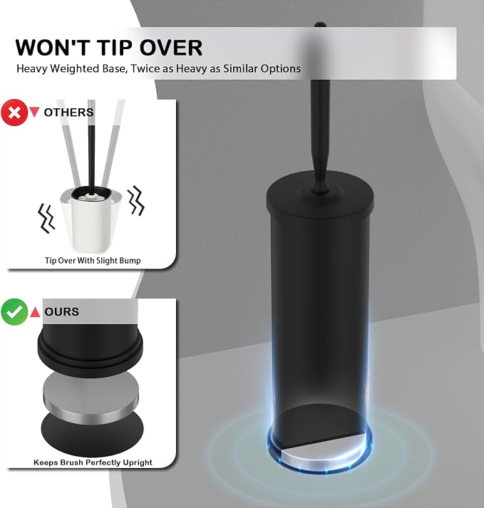 Stainless Steel Toilet Brush and Holder Set : Weighted Stable Base, Removable Inner Tube.Long Handle Toilet Bowl Brush Splash-Proof Design for Deep Cleaning & Space-Saving Storage,Black