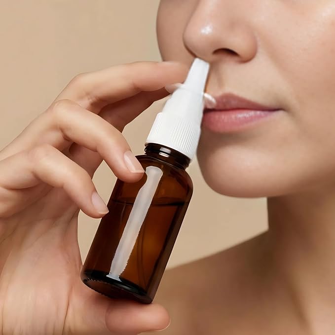 6 Pack 30ml (1oz) Amber Glass Nasal Spray Bottle, Empty Refillable Glass Nasal Sprayers Mist Bottles with Funnels, Dispensing Container with White Pump Sprayer (30ml(6pcs))