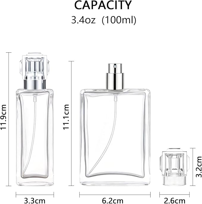 100ml/3.4oz Perfume Spray Bottles | Refillable Glass Perfume Atomizer, Empty Square Clear Glass Cologne Bottles with Fine Mist Spray