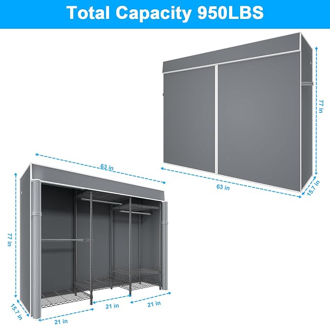 Ulif E13C Heavy Duty Closet Organizer System，Freestanding Clothing Racks for Hanging Clothes，Adjustable Garment Rack 63" W x 16" D x 77" H Hold 960 lbs，Black Clothing Rack with Grey Dustproof Cover