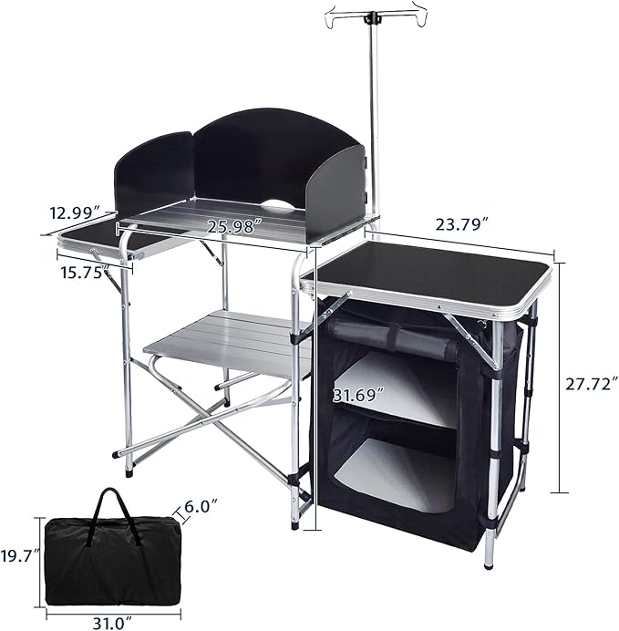 CampLand Folding Camping Kitchen Table with Windscreen,Portable Outdoor Cooking Station with Storage Cabinet & Side Tables Heavy Duty Camp Cook Station for Camping & BBQ (Black)