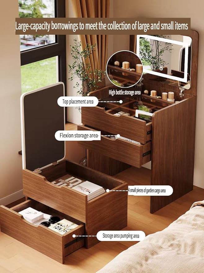 3 in 1 Vanity Desk with Mirror and Lights,Small Make Up Vanity Set with Visible Glass Desktop,Compact Makeup Vanity with 3 Drawers & Stool, Dressing Table for Bedroom (Walnut, 18.9" L)