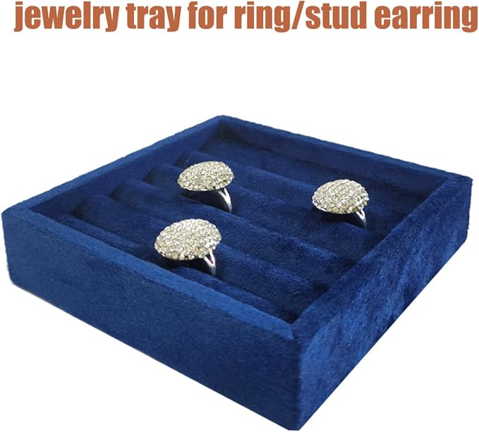 SCIKHETF Velvet Ring Earrings Studs organizer Tray Small Ring Insert Display Tray 5 Slots Stackable (Dark Blue)