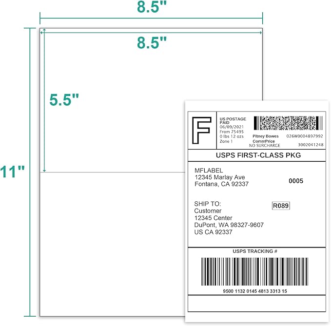 MFLABEL Half Sheet Shipping Labels - 200 Self Adhesive Sticker Sheets for Laser & Inkjet Printers, Waterproof & Smudge-Free, with 12 Free Fragile Labels for Packaging, Shipping and Crafting