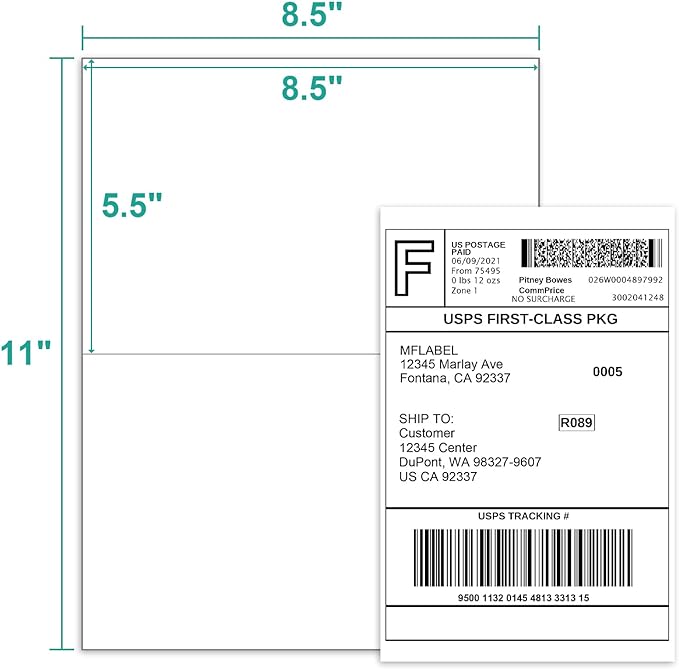 MFLABEL Half Sheet Label Laser/Ink Jet Shipping Labels 8.5 x 11 Inches Packaging Label, Address Labels for Laser & Inkjet Printers, 400 Count(200 Sheets)