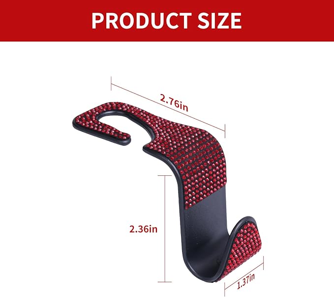 4PCS Bling Car Seat Headrest Hooks, Vehicle Back Seat Purse Handbag Hanging Holder with Crystal Rhinestone, Diamond Storage Organizer Hook,Bling Car Accessories for Women (Red)