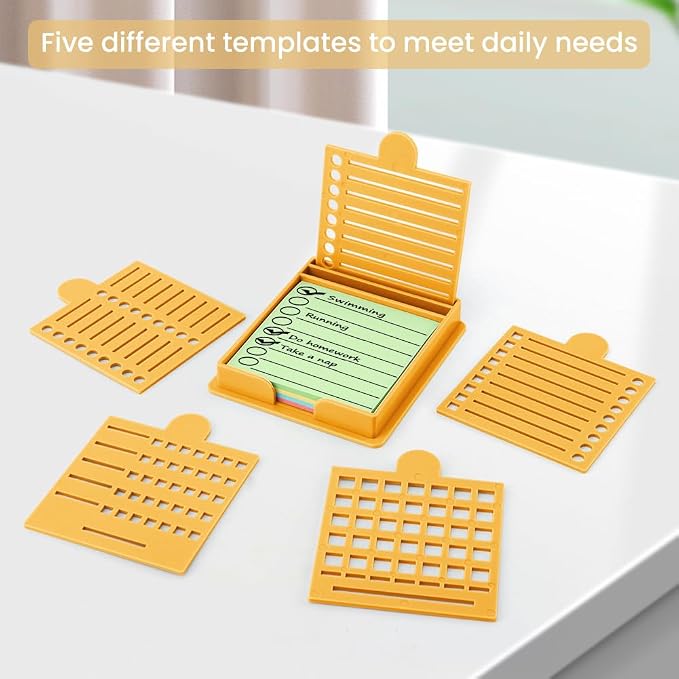 Sticky Note Holder with 5 Different Stencil & 100 Sheet Post It Notes, 3x3 inch Sticky Pads Dispenser with Line Box Drawing Template for Office and Home(COLOR:yellow)