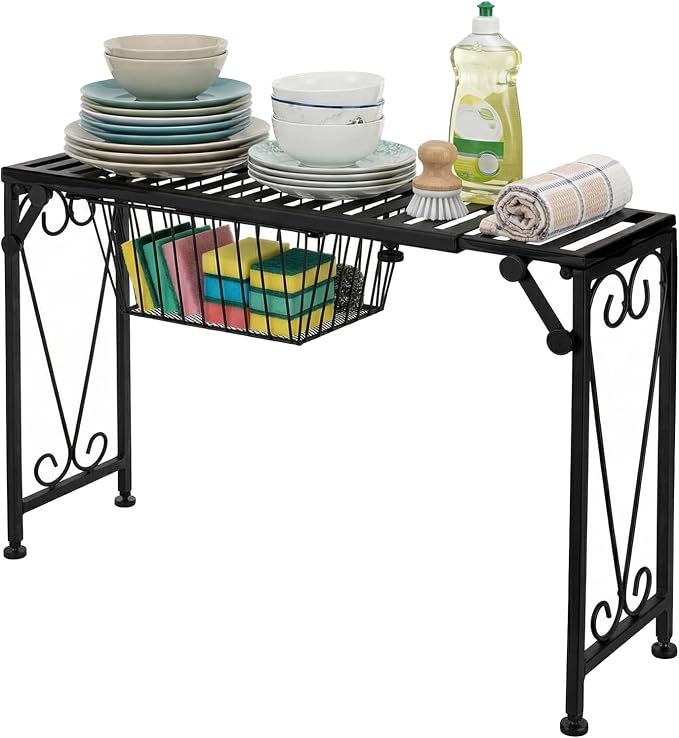 MyGift Expandable Black Metal Over Sink Shelf with Pull Out Drawer | Kitchen & Bathroom Organization, Countertop Space Saver, Adjustable Design, Hidden Drawer, Decorative Scrollwork Accent