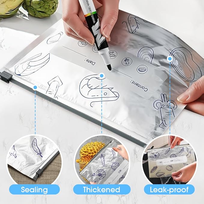 Reusable Aluminum Foil Sealable Storage Bags, Upgrade Reusable Food Storage and Preservation Slider Bags with a Stand-Up Bottom Design Preservations Bags for Kitchen (M(9.05 * 6.69 in), 10pcs)