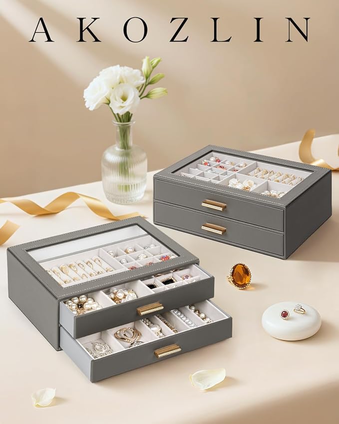 AKOZLIN Jewelry Box with Clear Lid Functional Leather Jewelry Storage Organizer Case 2 Drawers for Women Girls Necklace Ring Bracelet Earring