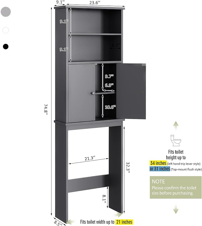 Over the Toilet Storage Cabinet for Bathroom, Storage Cabinets Over Toilet, Bathroom Floor Mounted Cabinet Space Saver with Adjustable Shelf and 2 Open Shelves, 75in, Grey