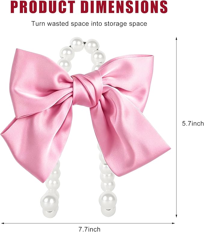 2 PCS Bow Pearl Car Seat Headrest Hook, Car Seatback Hanging Organizer Elegant Pearl Purse Hanger, Cute Bow Vehicle Interior Headrest Storage Hook for Handbag Purse Coat (Pink)