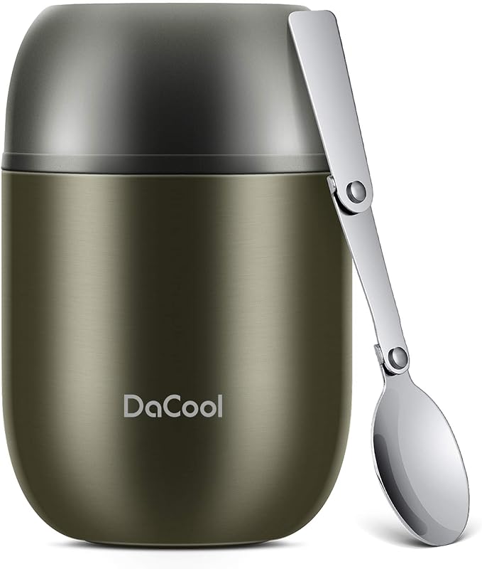 DaCool Food Thermo Insulated Food Jar Lunch Container Vacuum Stainless 16 Ounce Kids Adult Bento Box for Hot Food with Spoon Leak Proof for School Office Picnic Travel Outdoors, BPA free - Gray