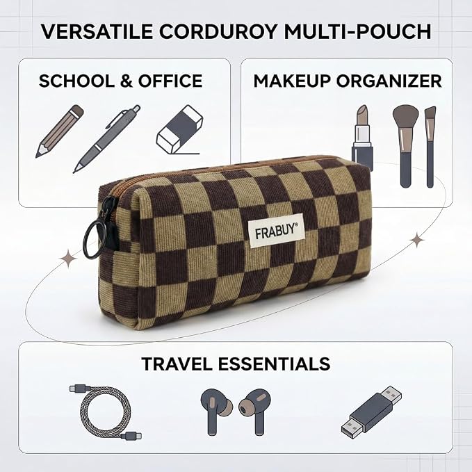 Soft Corduroy Pencil Case Pen Pouch Organizer, Small Stationery Bag | Cute Dark Brown Checkerboard pouch, smooth zipper, daily cosmetics holder, compact organizer for school teen girls, women