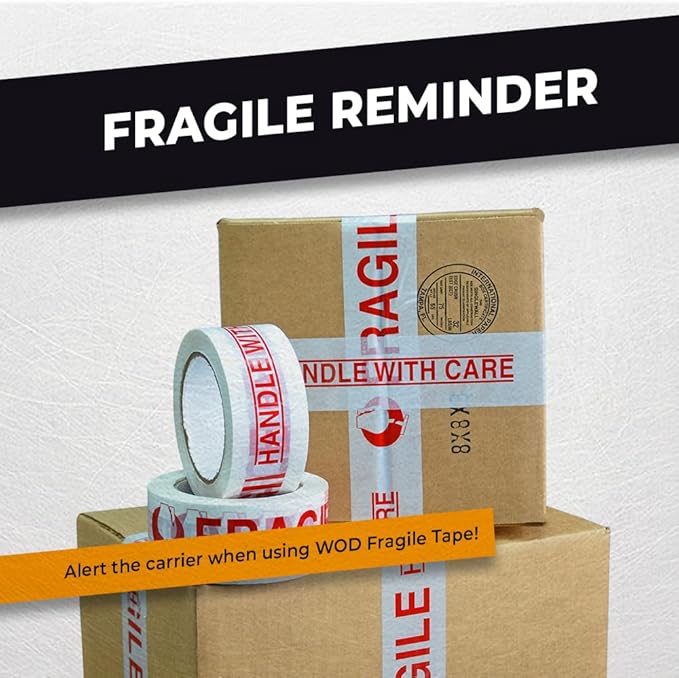 WOD CST2FW Fragile Tape Handle with Care Packing Tape 2 in. x 110 yds. Heavy Duty Carton Sealing Tape Red Lettering for Fragile Cargo and Box Office Moving Shipping