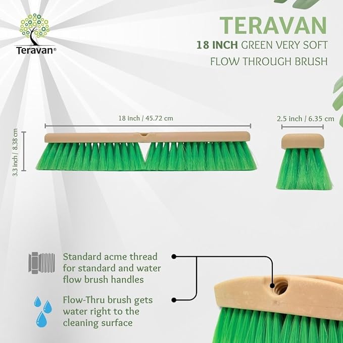 Teravan Green Flow Through Essential Flagged-End Brush Head, 18-Inch | Extra Soft Bristle Brush for Gentle Car Wash, RV, Boat, Window & Floor Cleaning, Compatible with Pole Handle