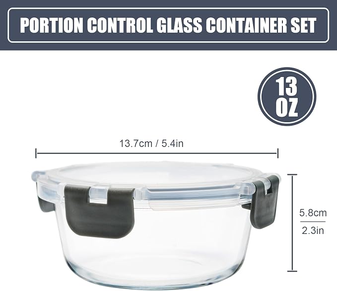 6 Pack 13oz Small Round Glass Meal Prep Containers with Airtight Lids | Perfect for Small Portions, Glass Food Storage Containers with Snap Lids, Freezer to Microwave Safe, Dishwasher Safe