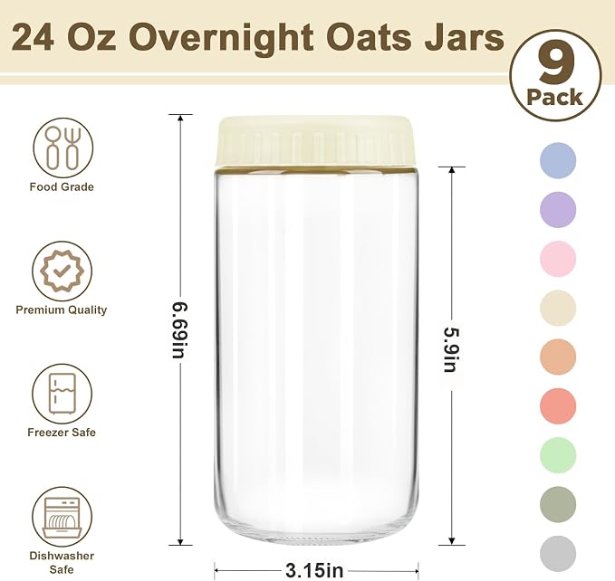 Overnight Oats Containers with Lids, 24oz Wide Mouth Mason Jars with Lids, 9 Pack Glass Jars with Airtight lid for Chia Pudding Yogurt Salad, Meal Prer Oatmeal Jars, Yellow