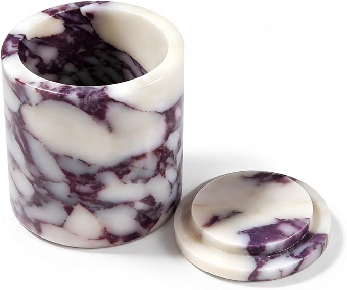 Natural Marble Round Jar with Lid, 4.13 in | A round marble jar that keeps cotton swabs, pads, and hair ties neatly stored with a natural stone accent.
