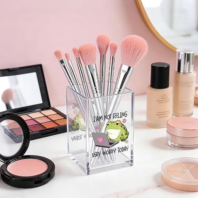 I Am Not Feeling Very Worky Today Acrylic Cup Pencil Holder, Frog Print Makeup Brush Storage Organizer, Funny Mental Health Desk Accessories Holder, Sarcastic Office Gifts for Colleagues