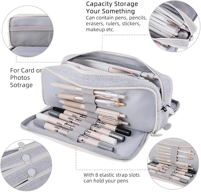 iSuperb Large Pencil Pouch 3 Compartments Pencil Case Big Capacity Pencil Bag for Kids Teen Girls Boys Student School Supplies Pen Organizer Holder Bag (Light Grey)