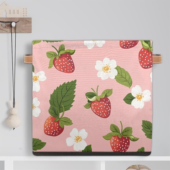 TropicalLife Floral Strawberry Storage Cube, 13 Inch Fabric Cube Storage Organizer Bin for Shelves Clothes, Decorative Foldable Storage Boxes