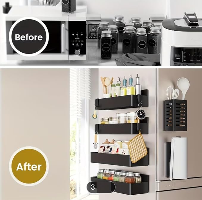AALFA Magnetic Spice Rack for Refrigerator - Black Fridge Organizer with Paper Towel & Wrap Holder - 4 Bonus Hooks Included - 2 Pack Heavy Duty Side Shelf Storage for Spices, Oils, Foil (Black)