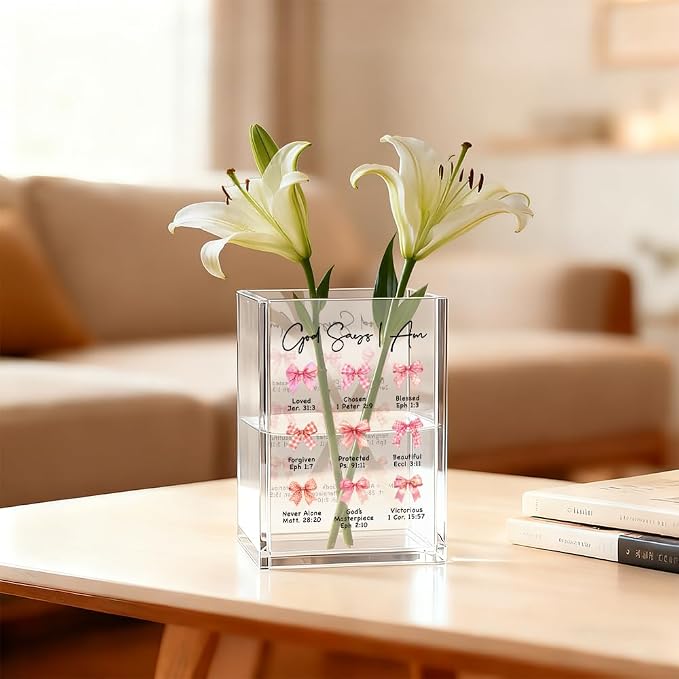 God Says Acrylic Cosmetic Organizer Pen Holder, Christian Acrylic Desk Holder Cup for Pen Pencil, Religious Gifts for Women Coworker Female Leader, Inspirational Office Gifts for Religious Lover