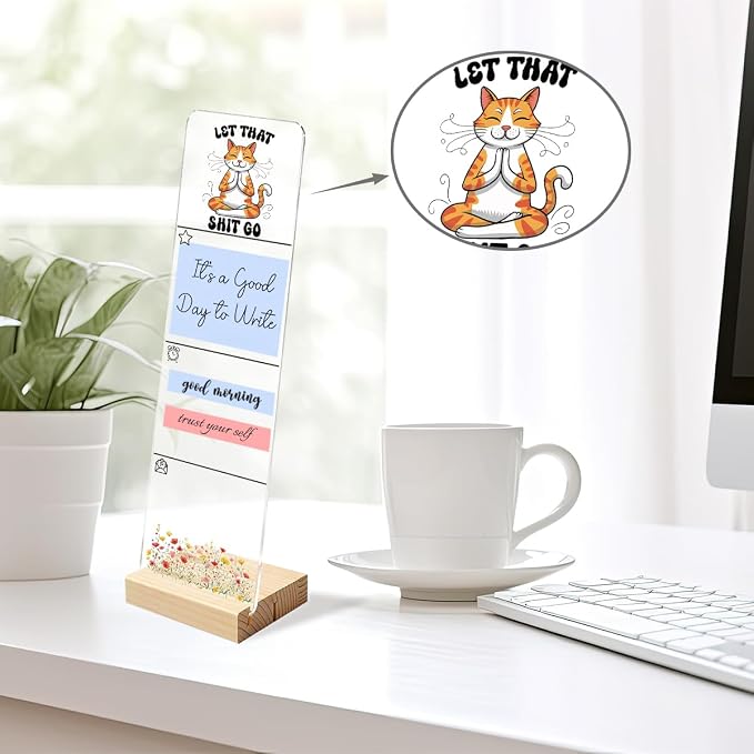 Monitor Memo Board, Sticky Note Holder, Funny Cat Quote “Let that Shit Go” | Acrylic Post It Note Holder With Wooden Base, Includes 200 Notes, Desk Organizer