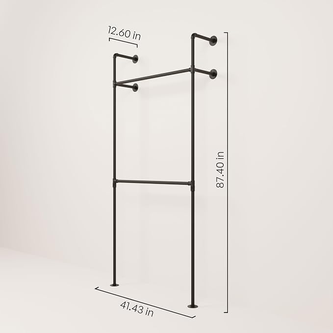 pamo Industrial Clothing Rack Wall Mounted Black – 41" W × 87" H, 441 lbs | Heavy Duty Pipe Closet System in Black Powder Coated Steel, Scratch-Resistant, Double Rod, Easy Assembly, Closet Organizer