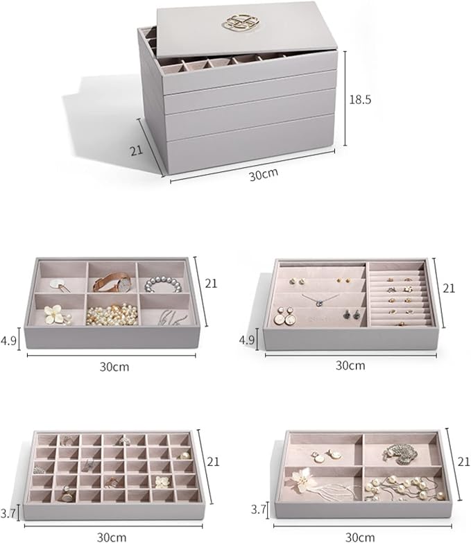 VLANDO Stackable 4-Layer Jewelry Tray - Multipurpose Jewelry Accessories Display Storage and Organizer for Earring Necklace Bracelet Ring, Grey