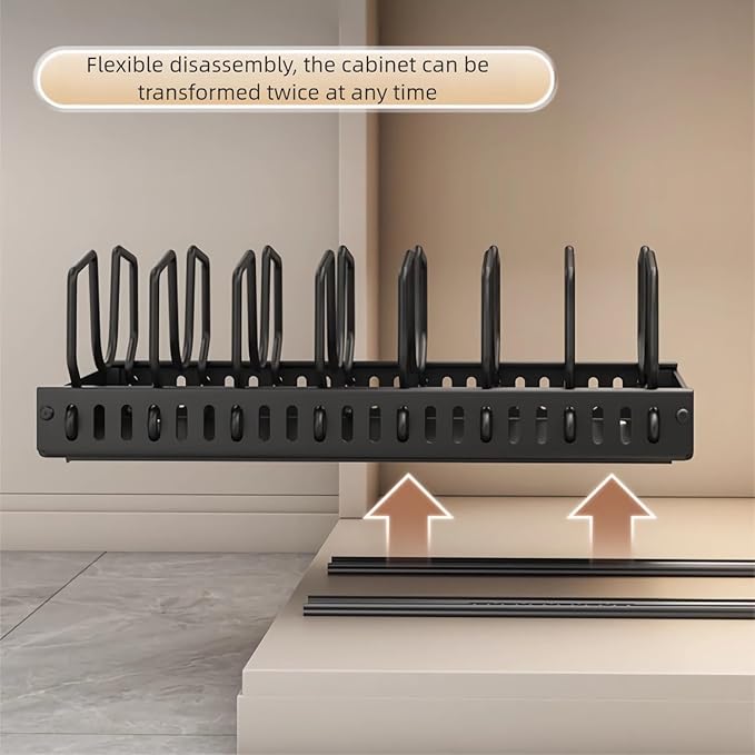 pots and pans organizer under cabinet,pot lid organizers inside cabinet holders for kitchen,Horizontal and vertical pulling modes,cast iron storage (Black Vertical pull-out)