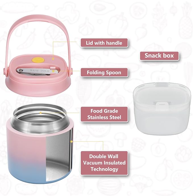 2 - in - 1 Soup Thermo for Hot Food 14oz with Snack Box Container Leak Proof Insulated Lunch Container Kids and Adults Stainless Steel Double Wall Vacuum Wide-mouth Thermal with Spoon and Handle