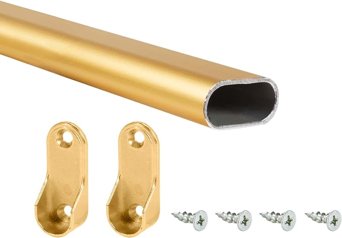 Outwater 48 Inch Satin Brass Aluminum Oval Closet Rod Kit, 1-3/16 Inch x 19/32 Inch Profile, Includes Matching Screw Mount Supports and Mounting Screws, Pack of 10
