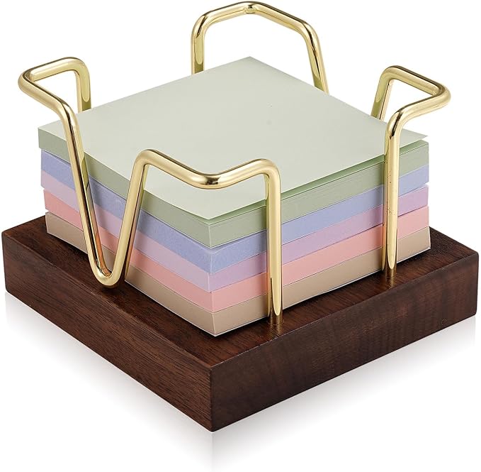 Wood Sticky Note Holder, 3 x 3 inch Self-Stick Note Memo Pad Holder for Desk, Notepad Dispenser for School Office, Gold